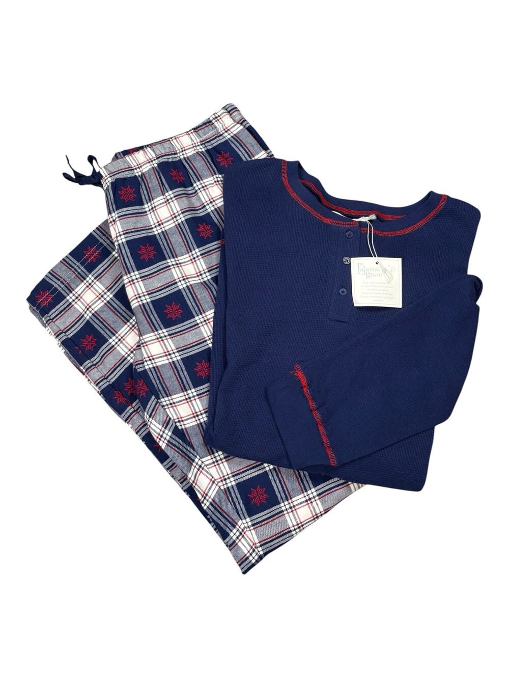 NWT Pajamagram 2 Piece Snowfall Pajama Set Womens Large Waffle Knit Flannel Blue